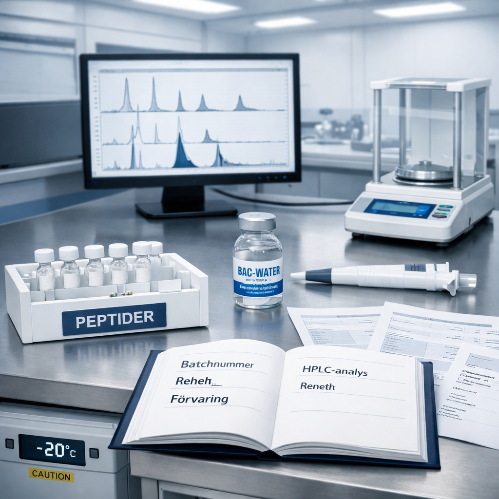 Modernt svenskt analyslaboratorium med provvialer, HPLC-kromatogram och dokumentation för peptider sverige.