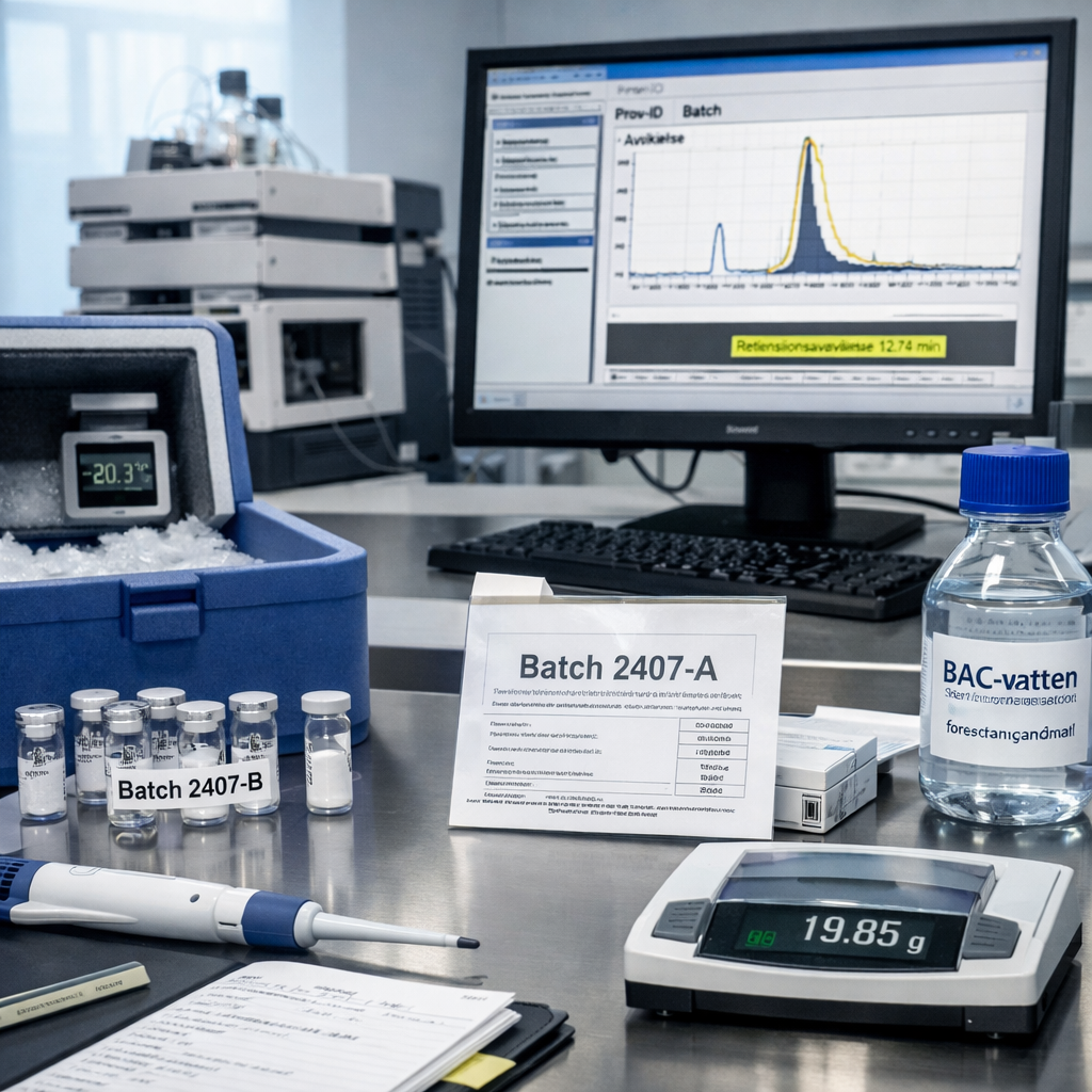 Peptider Sverige: laboratoriebänk med vialer, avvikande batchcertifikat och HPLC-kromatogram som visar spårbarhetsfel.