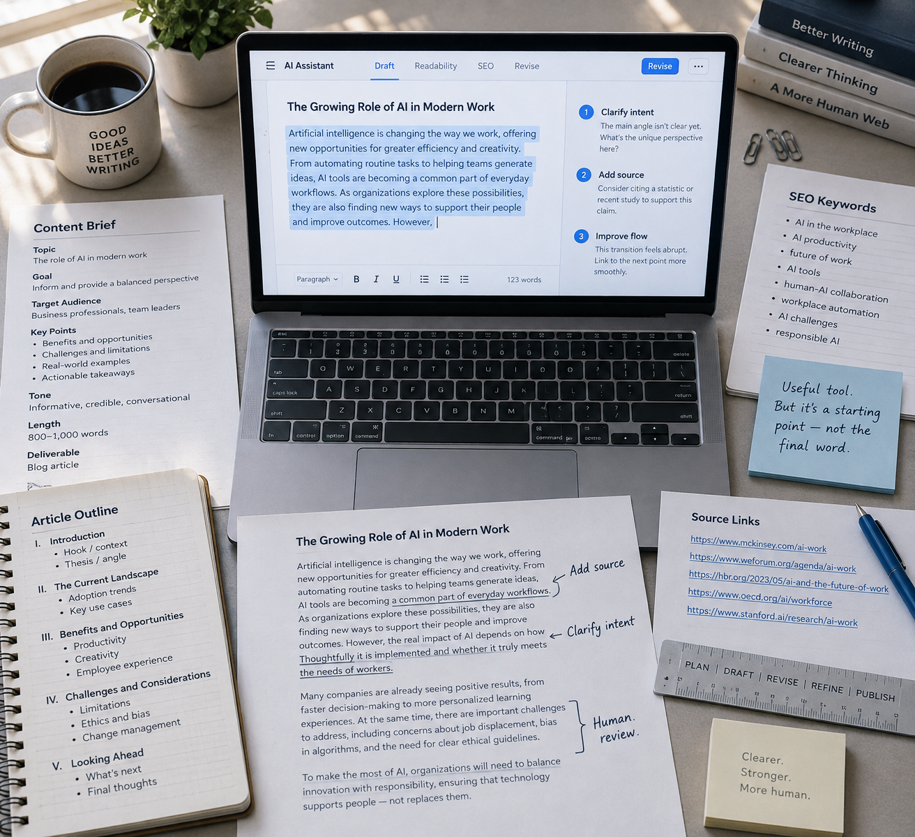 Overhead editorial desk with laptop showing a paragraph maker draft marked “Add source,” “Clarify intent,” and “Human review.”