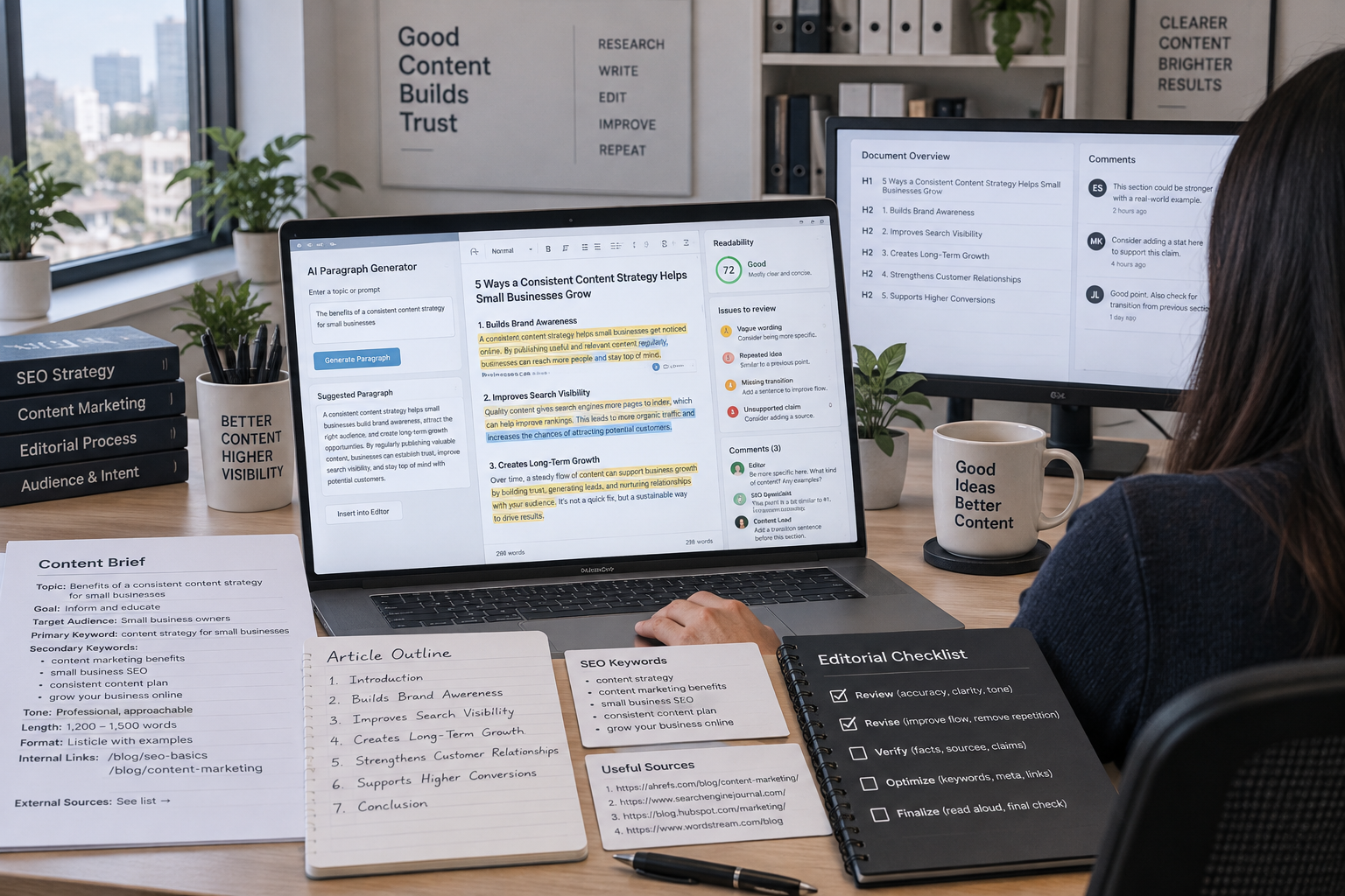 Editor reviews a paragraph maker draft with highlighted text, SEO notes, revision comments, and warnings at a tidy workspace.