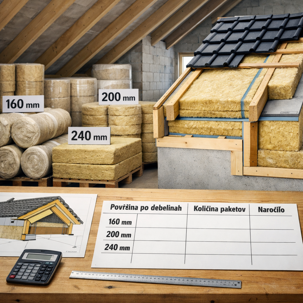 Delovna miza z načrtom strehe, izračunom količin in razvrščeno mineralno volno Knauf insulation za izolacijo ostrešja.