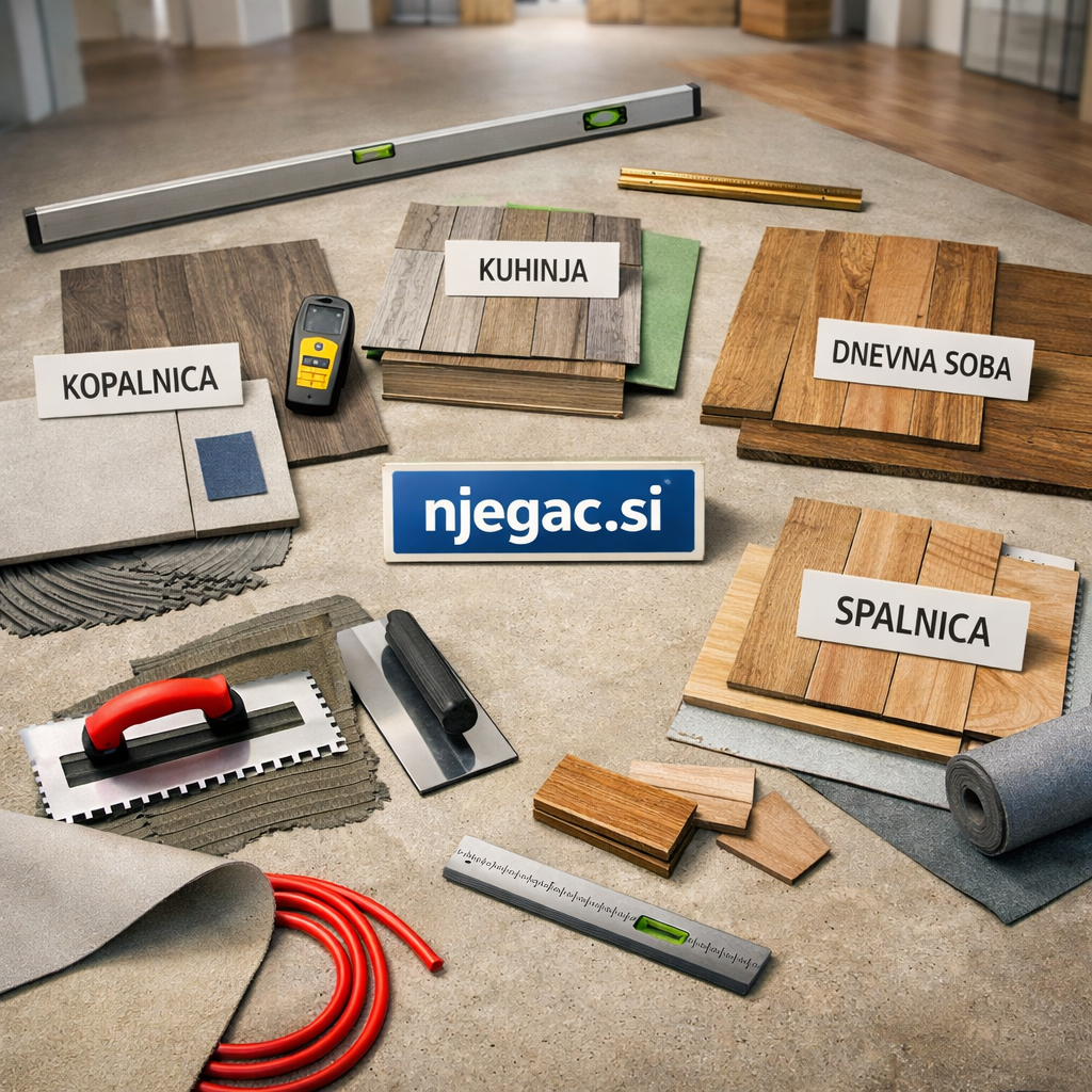 Načrt prenove talnih oblog z vzorci ploščic, vinila, laminata in parketa ter orodjem za različne prostore.