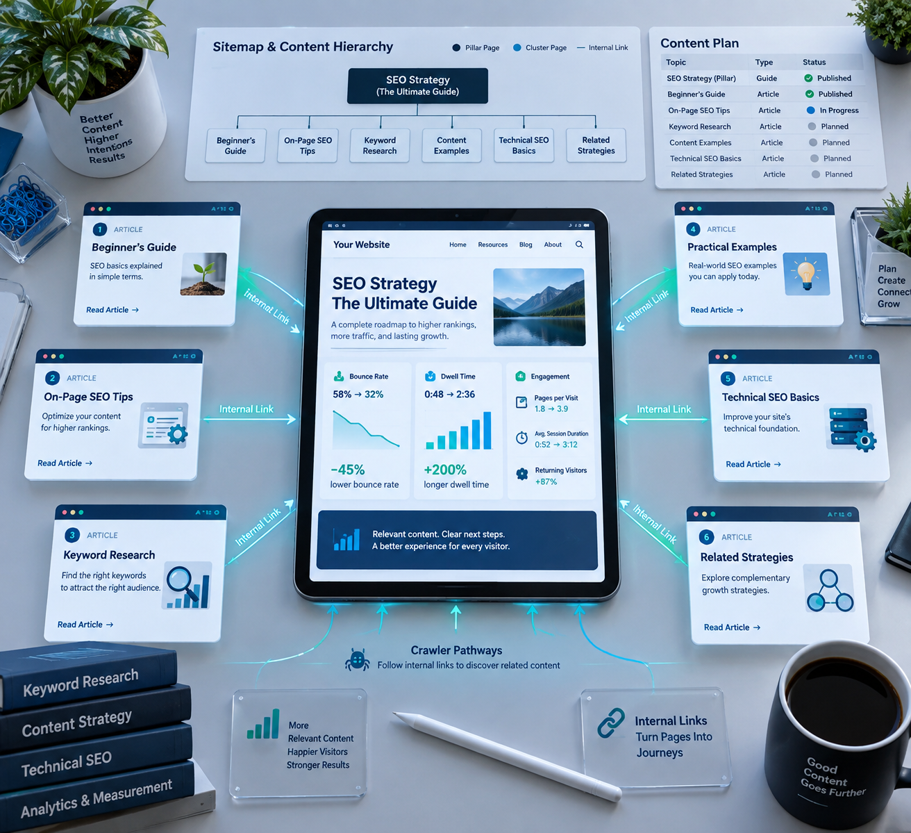 Overhead SEO topical cluster desk with a pillar page, six linked article cards, analytics, and related content pathways.