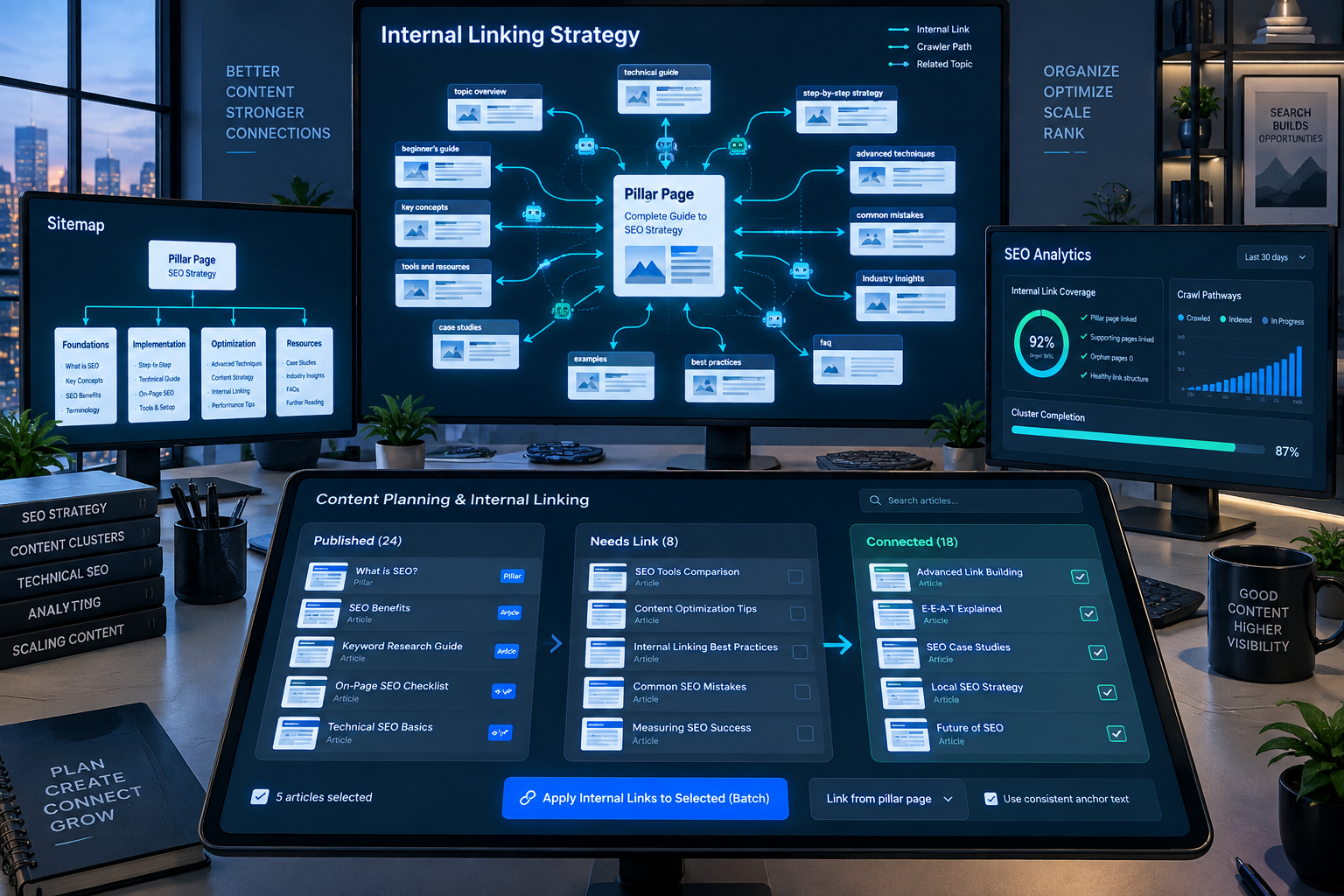 Contemporary SEO workspace showing a pillar page, related content, internal-link pathways, sitemap, analytics, and batch-linking board.