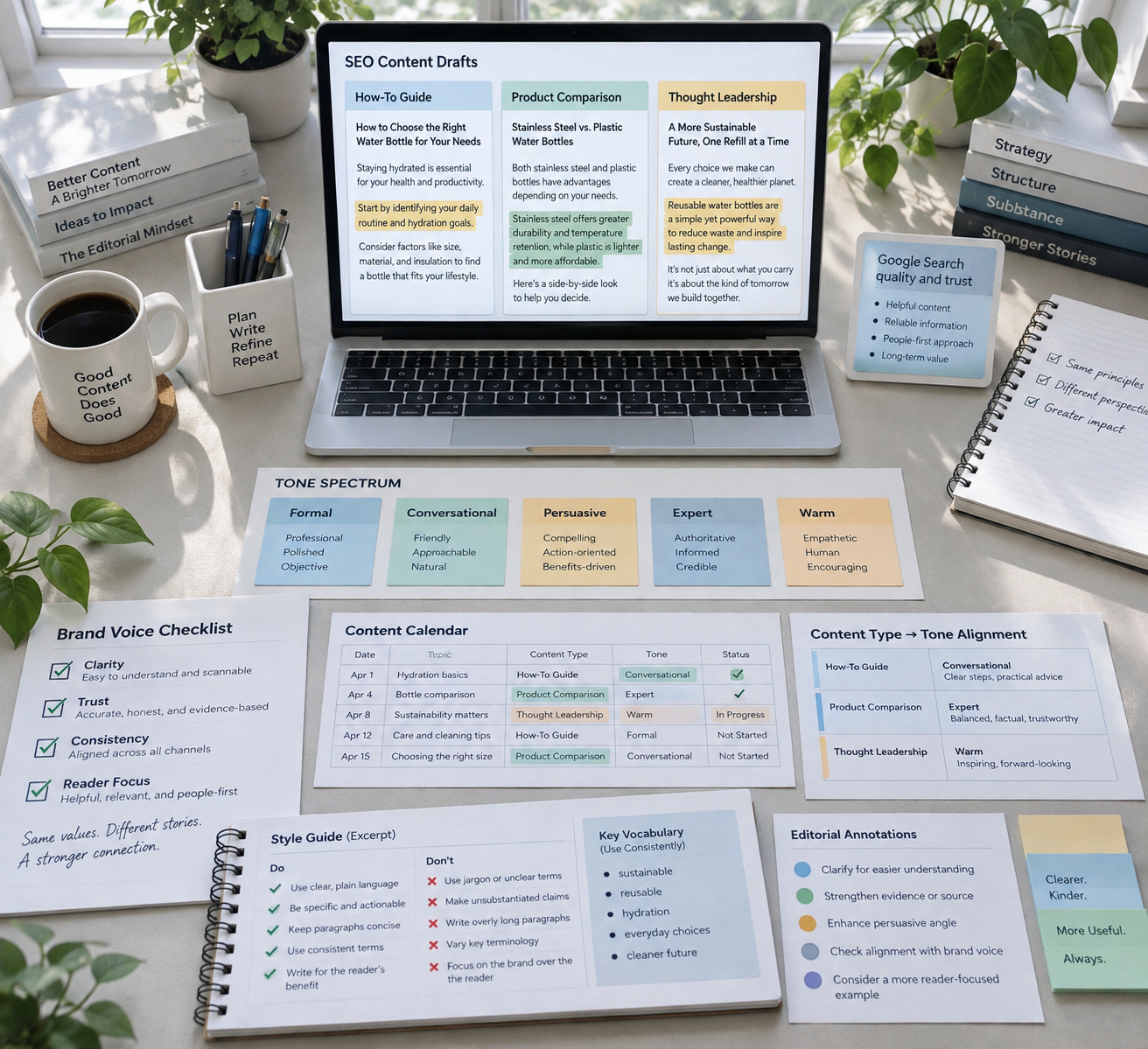 Overhead editorial desk with laptop SEO drafts, tone cards, and brand voice checklist showing tone writing examples.