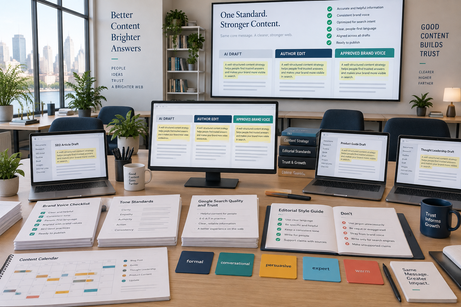 Modern editorial studio with laptops, proof sheets, and screens comparing AI drafts and brand voice tone writing examples.