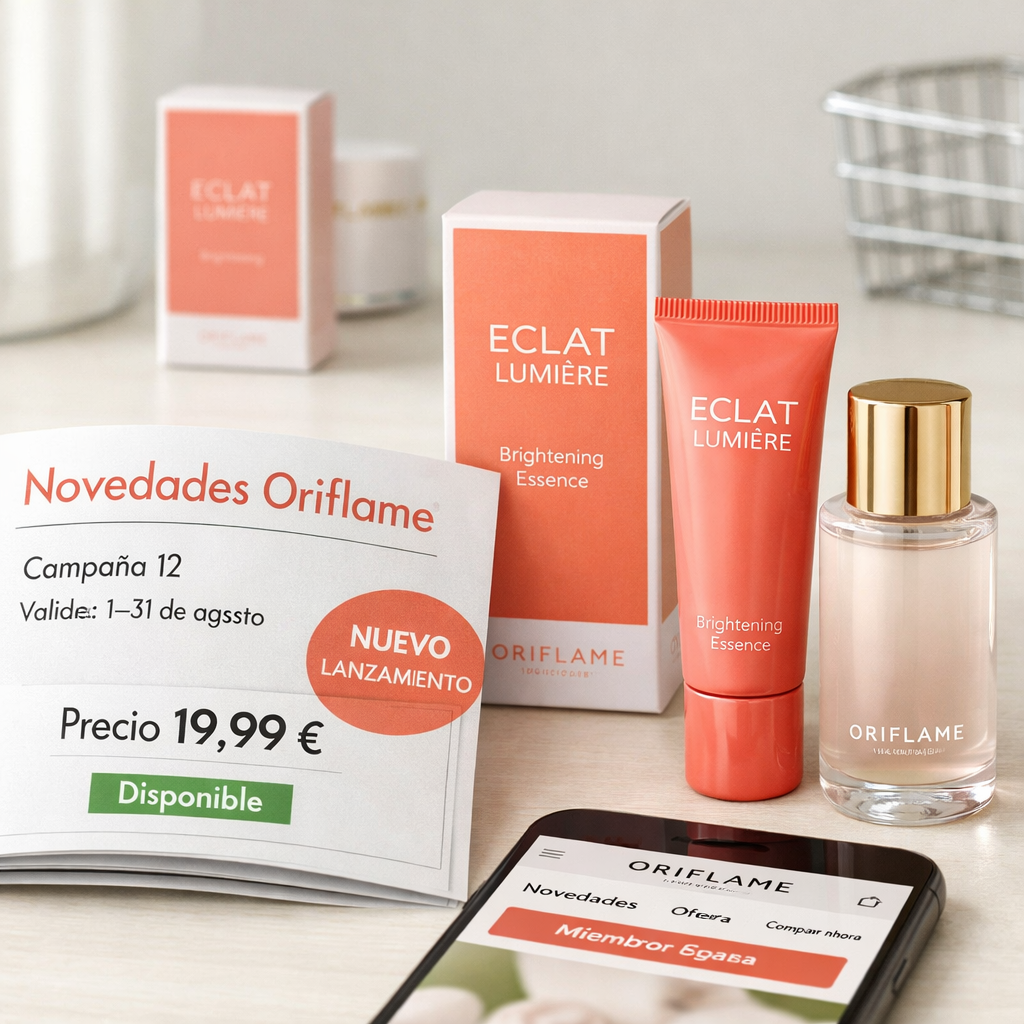 Producto Oriflame nuevo junto a folleto “Novedades Oriflame”, móvil con catálogo actual oriflame y precio 19,99 €.