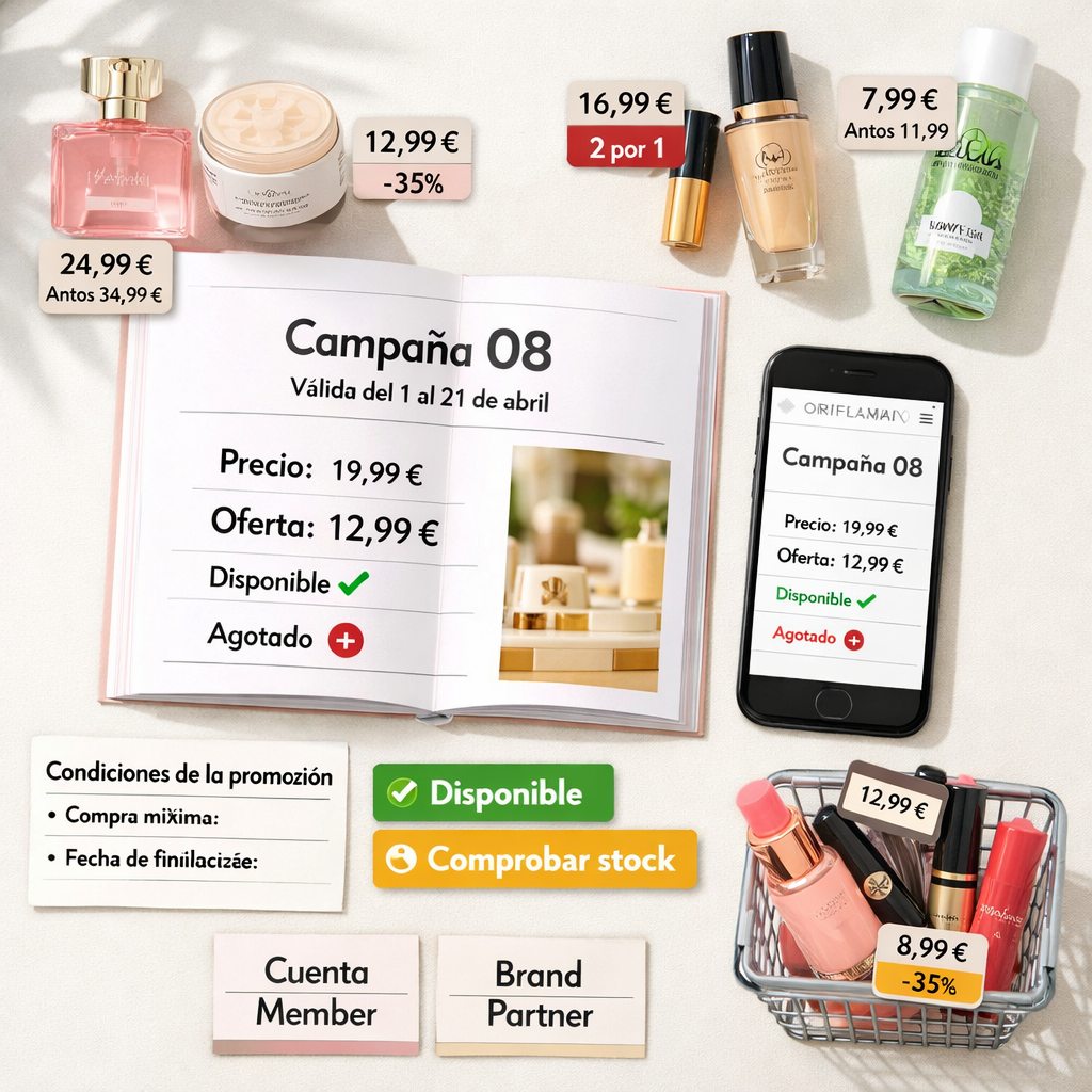 Catálogo actual oriflame abierto junto a productos, precios, ofertas y tarjetas que verifican promociones y disponibilidad.