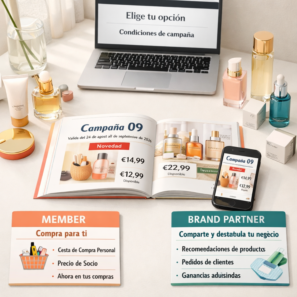 Escritorio Oriflame con catálogo actual oriflame, móvil, productos de belleza y tarjetas separadas de Member y Brand Partner.