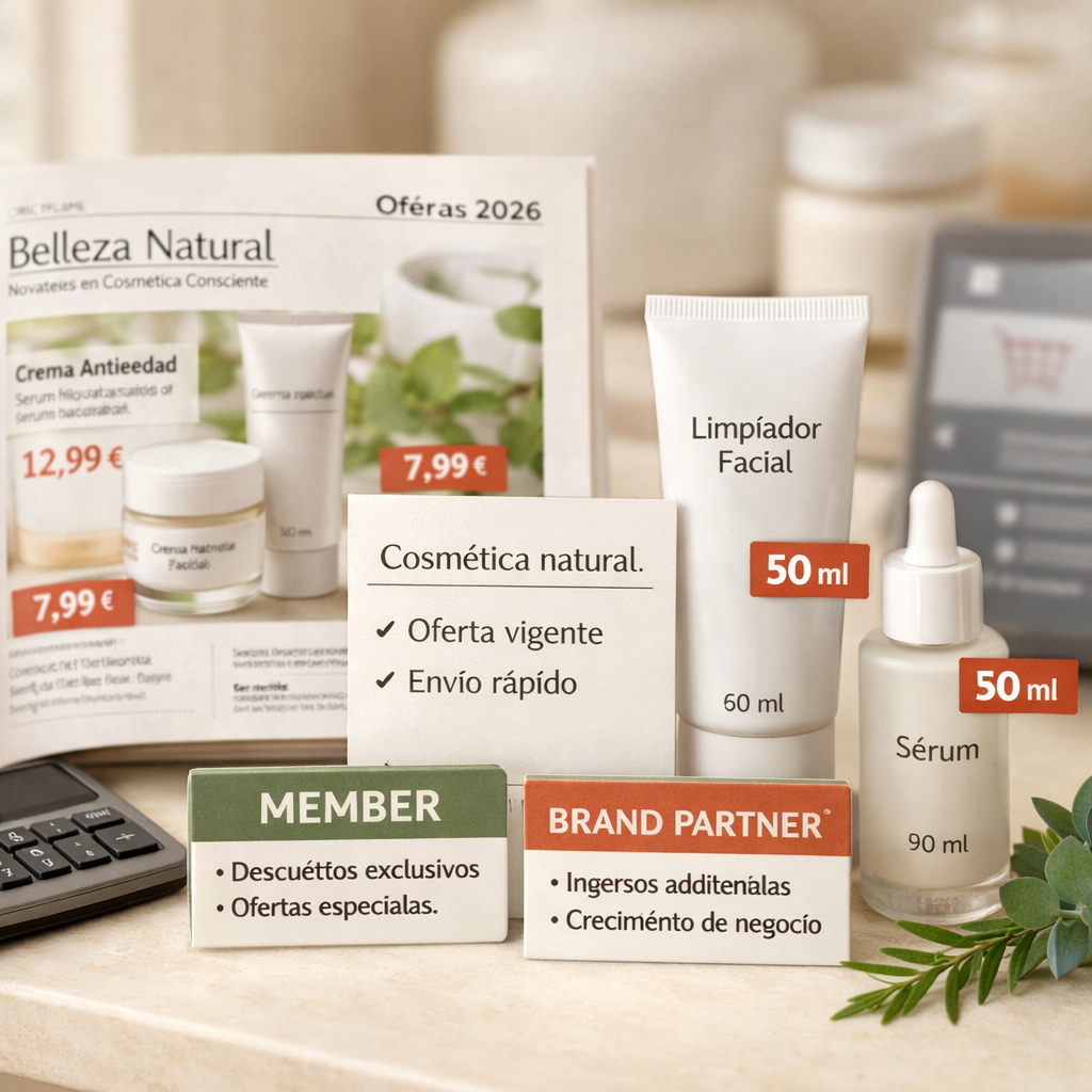 Catálogo Oriflame España 2026 junto a cosméticos faciales, precios, calculadora y tarjetas de comparación sobre un tocador.
