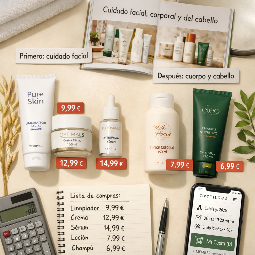 Comparativa Oriflame España de cuidado facial, corporal y capilar sobre tocador, con catálogo, móvil, precios y notas de compra.