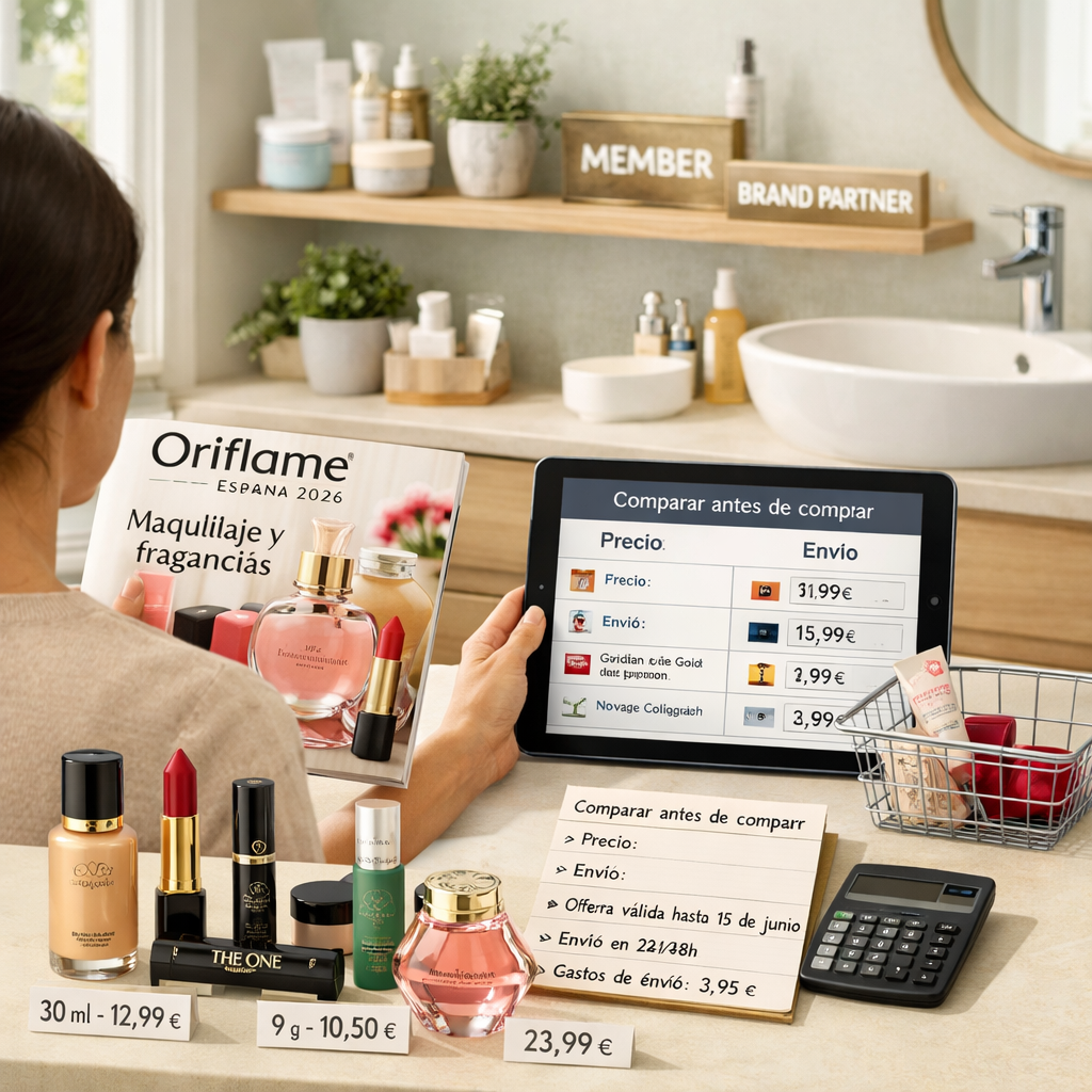 Compradora compara ofertas de Oriflame España en catálogo y tableta, rodeada de cosméticos, notas de precios y productos de belleza.