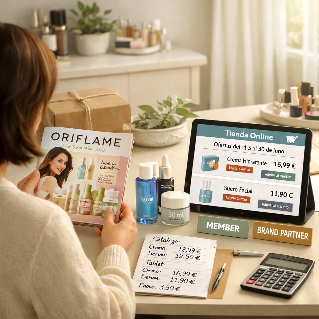 Persona de espaldas compara el catálogo oriflame españa 2026 con una compra digital y cosméticos etiquetados en un despacho.