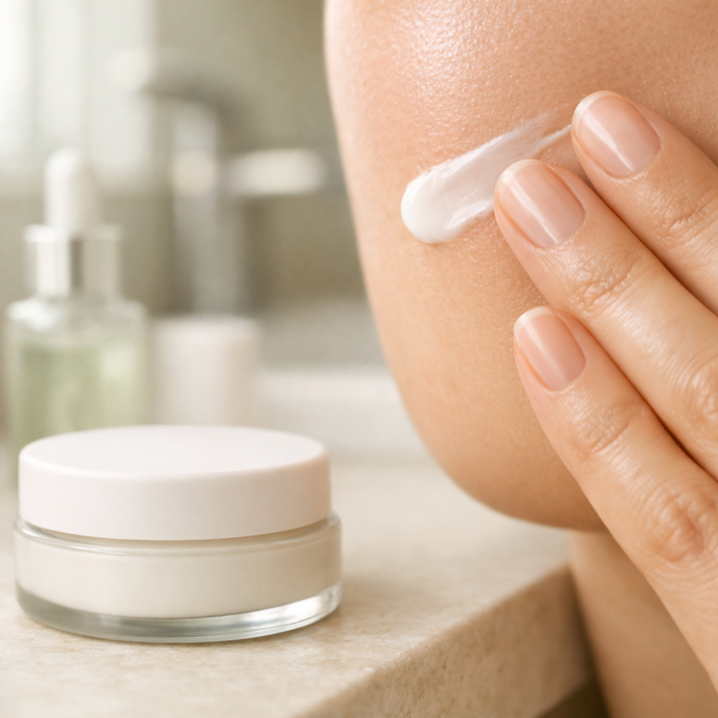 Macro de mejilla hidratada: una mano aplica crema facial blanca junto a un tarro sin marca, con baño minimalista desenfocado.
