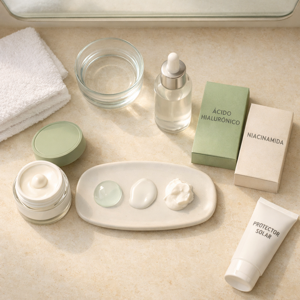crema facial, sérum y muestras de texturas sobre piedra marfil, con envases “ÁCIDO HIALURÓNICO” y “NIACINAMIDA”. Oriflame España