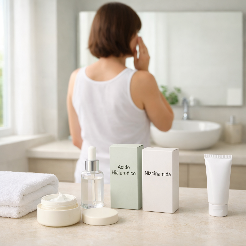 Persona de espaldas aplica crema facial ante el espejo; productos de skincare y toalla sobre un lavabo luminoso.