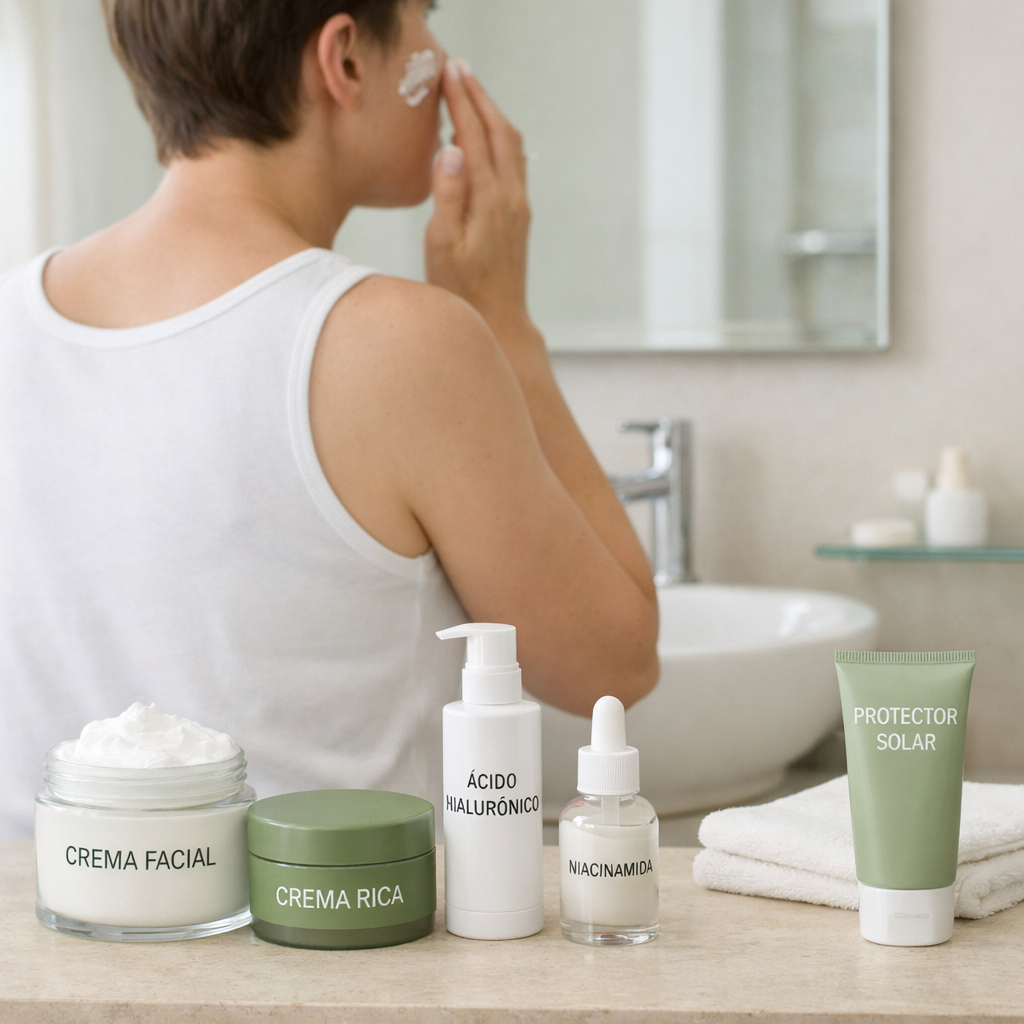 Persona sin rostro aplica crema facial en un baño minimalista, rodeada de productos de skincare y protector solar.