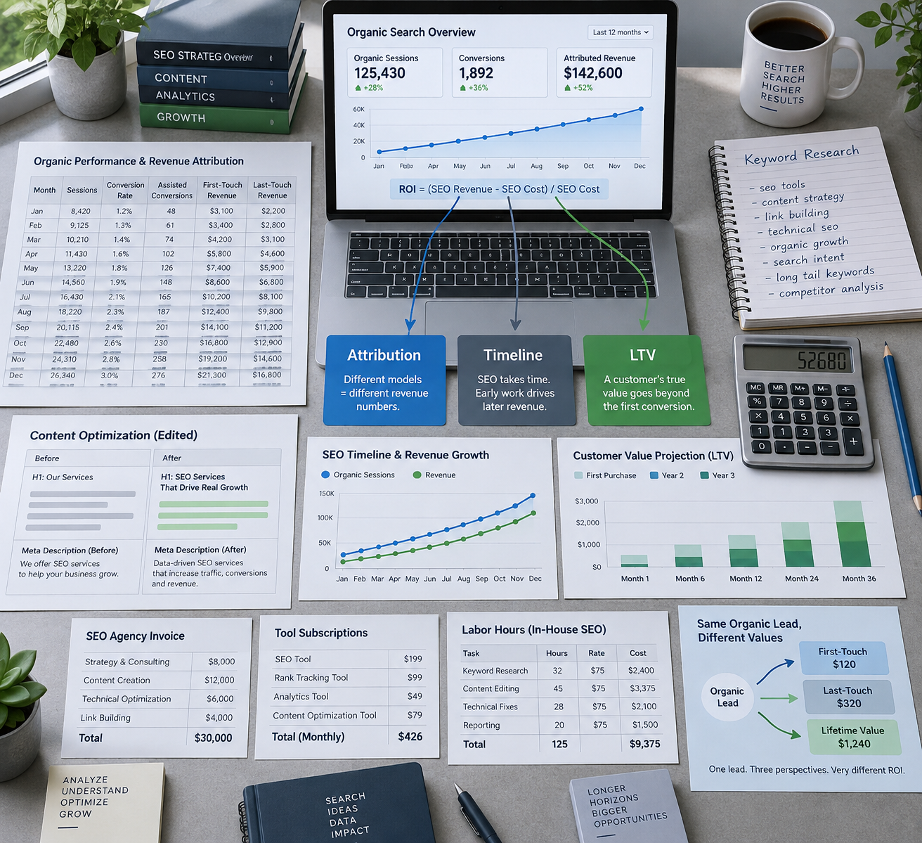 Flat lay of SEO dashboard, ROI formula, attribution cards, costs, charts, and notes illustrating seo and roi analysis.