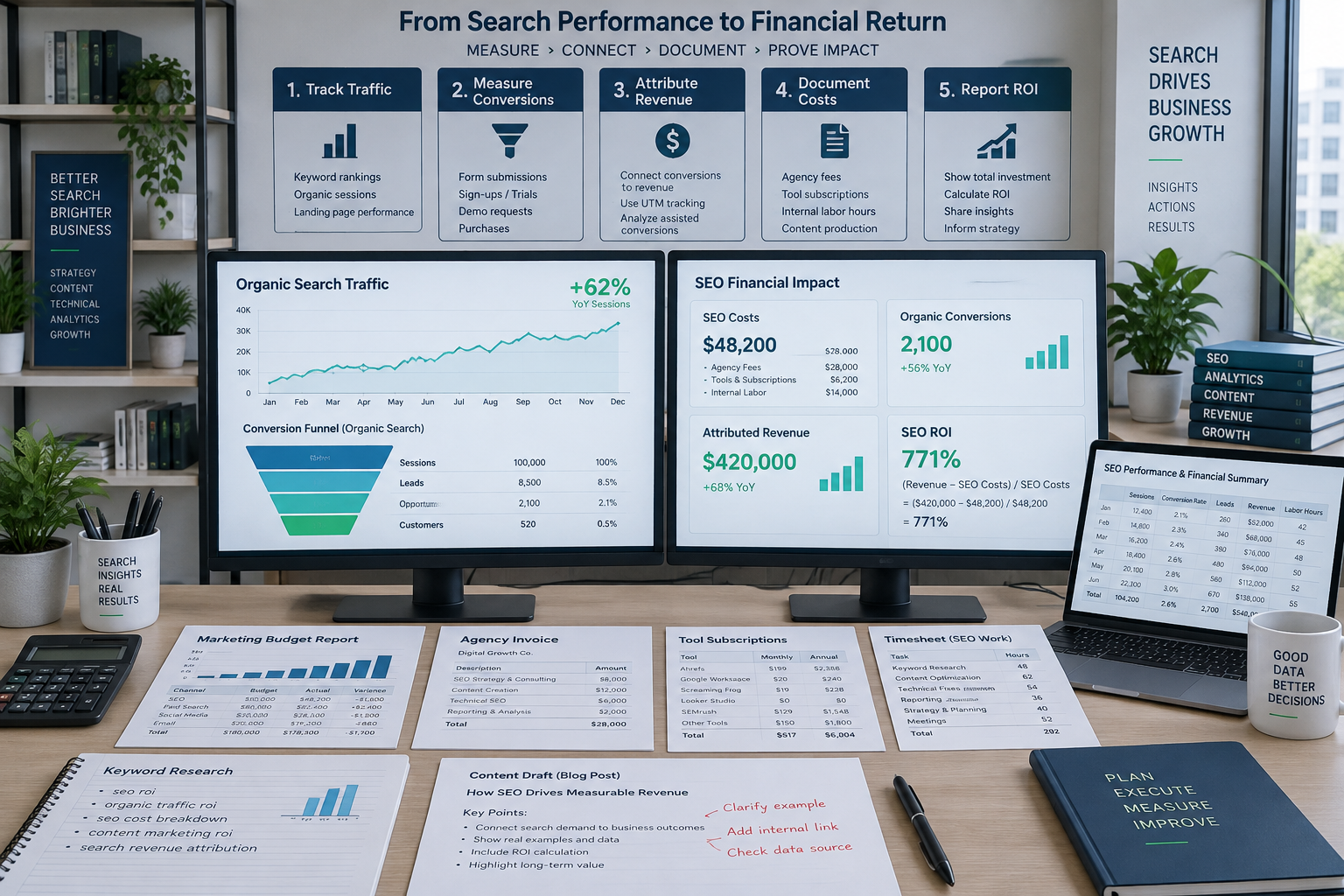 Modern SEO analytics workspace showing traffic, conversions, costs, revenue, and seo and roi dashboards with supporting reports.