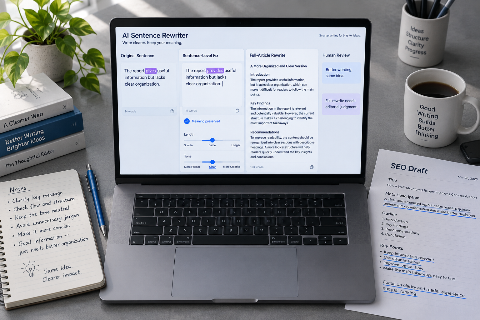 Flat-lay desk with laptop showing auto sentence rewriting panels, human review notes, pencil, notepad, and SEO draft.