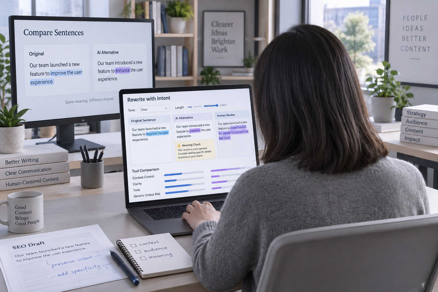 Editor compares auto sentence rewrites on a laptop, reviewing clarity, tone, context, and meaning in a modern workspace.