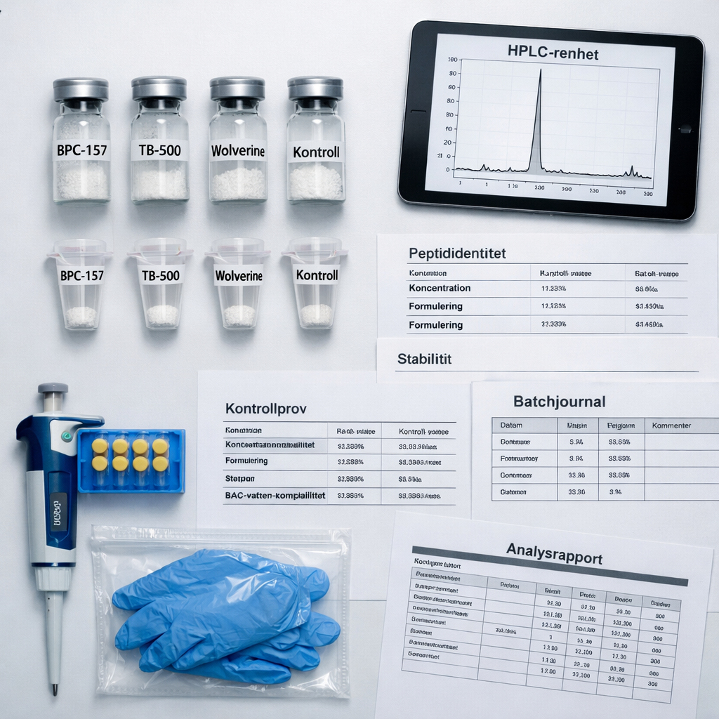 Översikt av laboratorieprover märkta BPC-157, TB-500, Wolverine och Kontroll, HPLC-kromatogram och svenska analysdokument; bpc 157 tb500