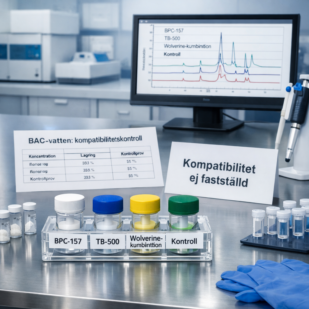Modernt preklaboratorium med märkta provkärl för bpc 157 tb500, kompatibilitetsprotokoll, pipett och HPLC-kromatogram.