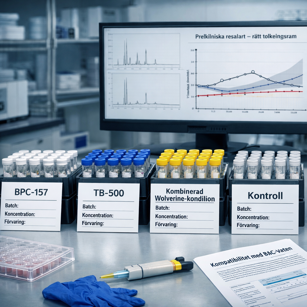 Laboratoriebänk med fyra märkta provställ för bpc 157 tb500, kombination och kontroll, dokumentation och prekliniska diagram.