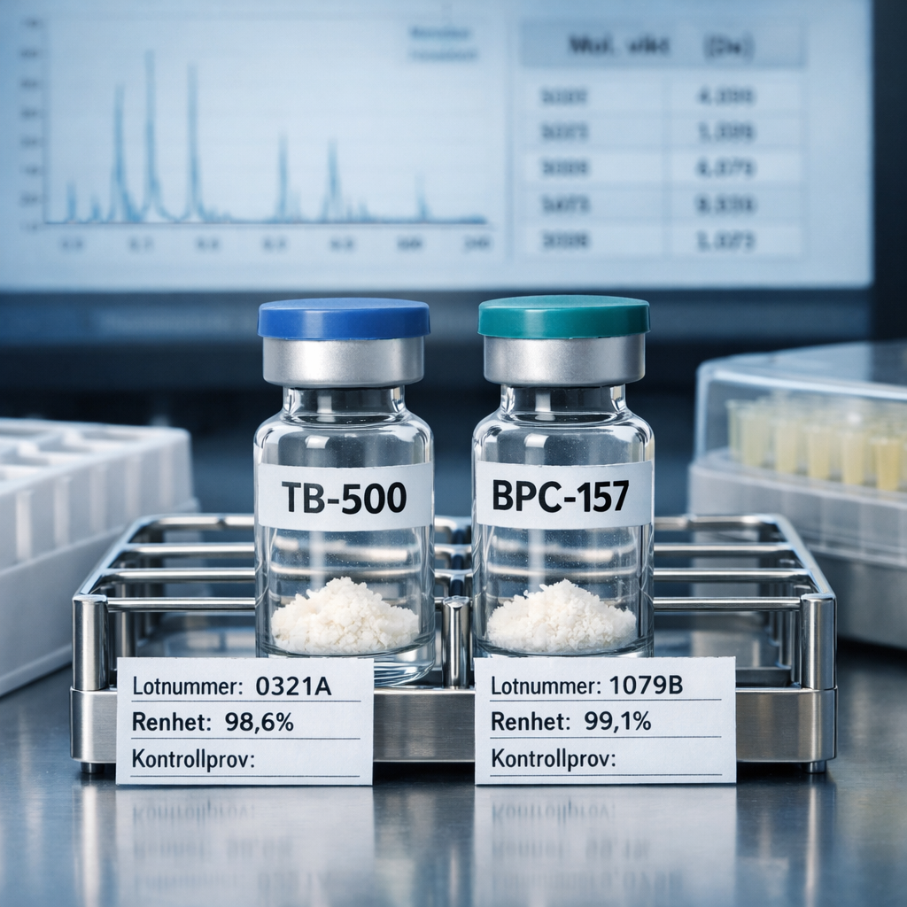 Närbild av provvialer märkta TB-500 och BPC-157 i sterilt labb, med kromatogram och lotnummer; tb 500 peptide analyseras.