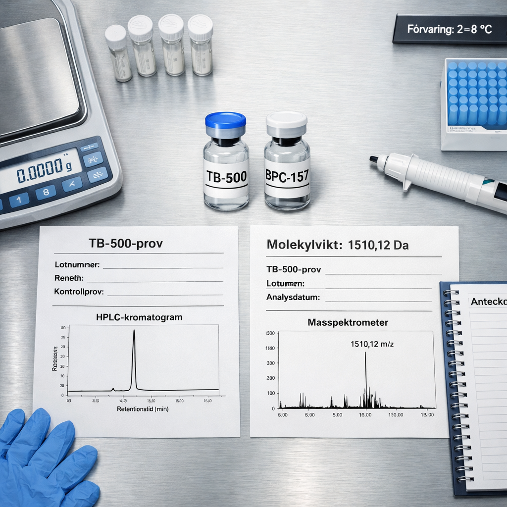Översikt av labbänk med tb 500 peptide-prov, BPC-157-kontroll, HPLC-kromatogram, masspektrometri och analysutrustning.