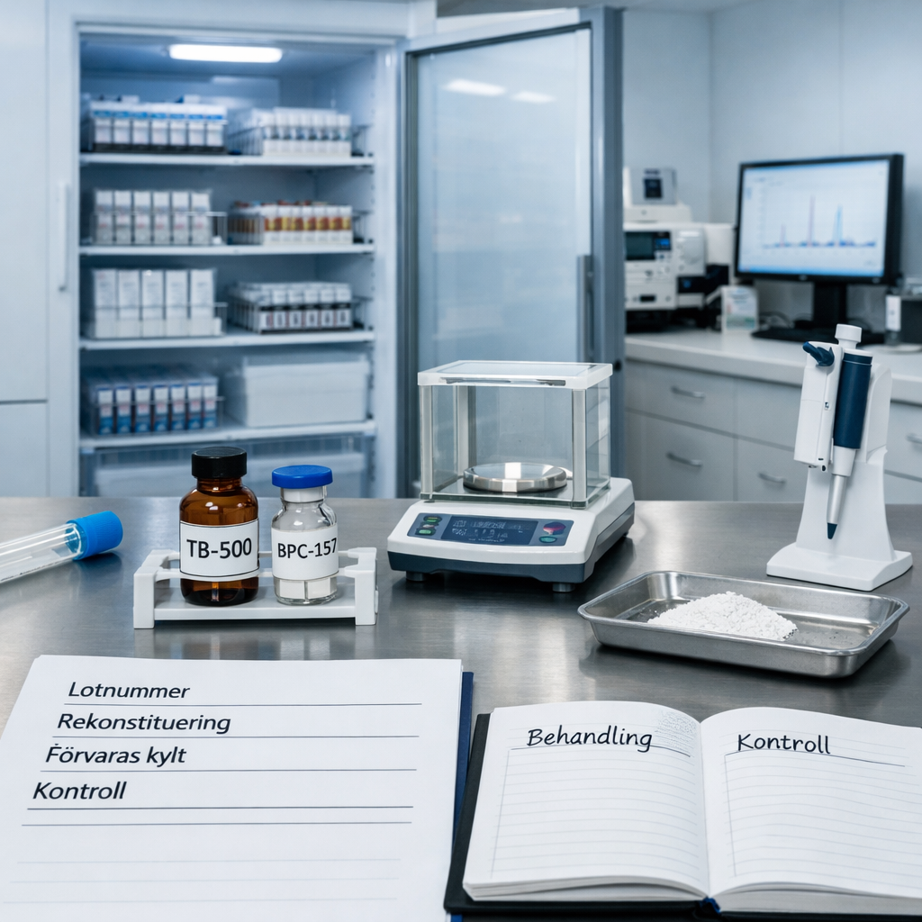 Modernt analyslaboratorium med kylt förvarade prov, märkta ampuller för tb 500 peptide och BPC-157 samt svensk dokumentation.