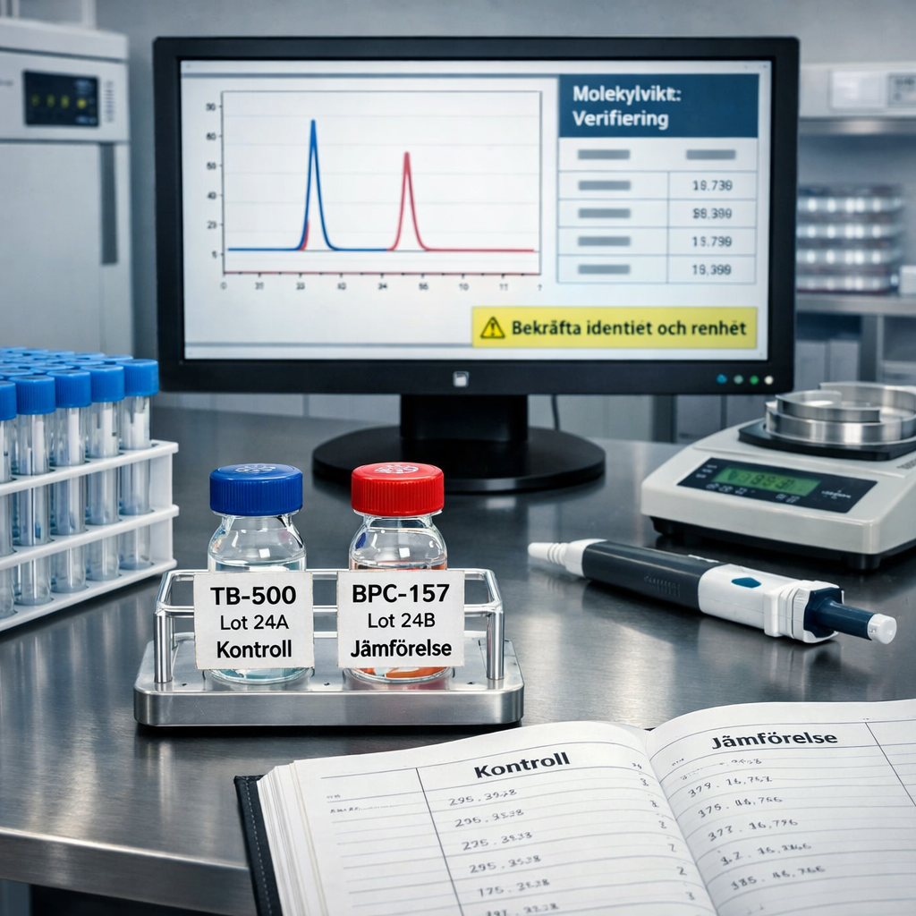 Modernt laboratorium med separata vials märkta TB-500 och BPC-157, HPLC-kromatogram och kontrolljournal; tb 500 peptide.