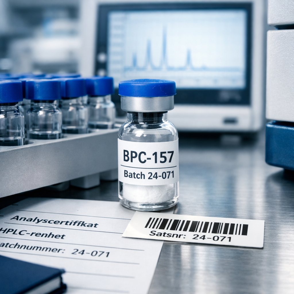 BPC-157-vial med analyscertifikat och HPLC-instrument i svenskt laboratorium; peptides bpc 157.