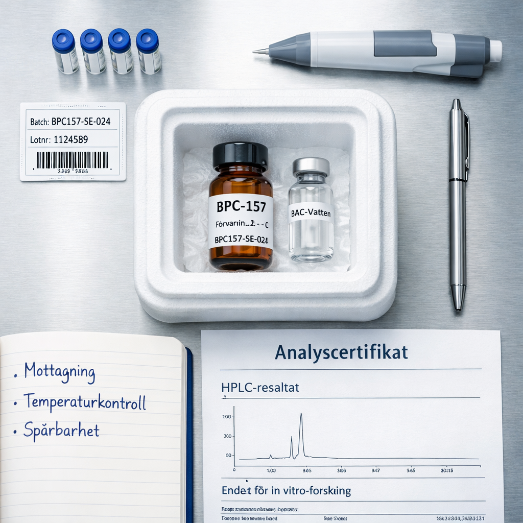 Översikt av svenskt labb med märkt BPC-157-vial, kylförvaring, analyscertifikat och spårbarhet för peptides bpc 157