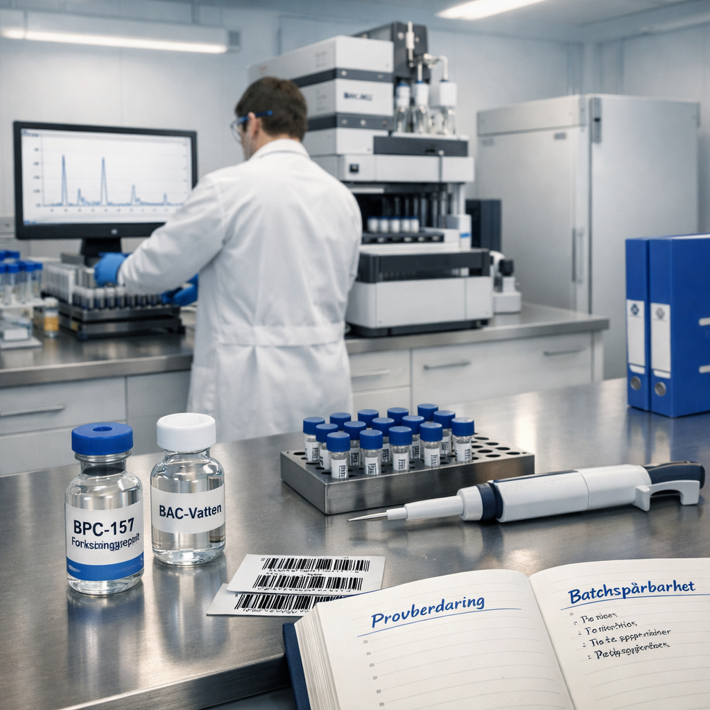 Modernt svenskt analyslaboratorium med forskare, provvialer, HPLC och märkta peptides bpc 157 i metodiskt arbetsflöde.