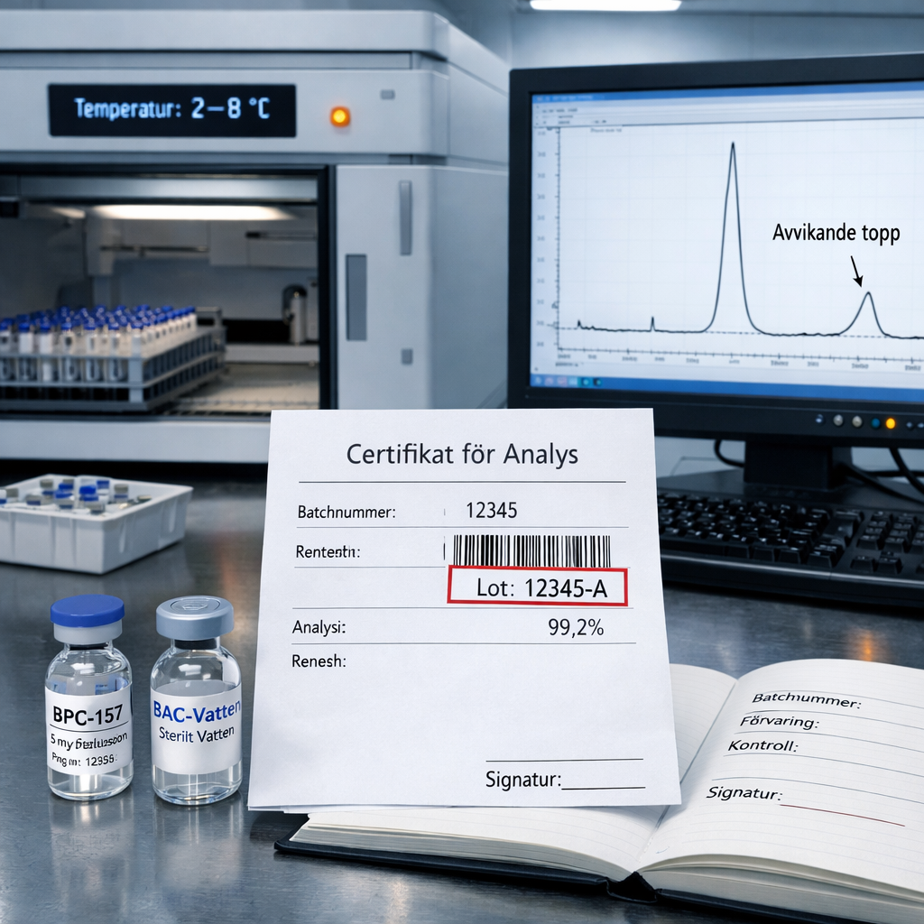 Modernt analyslab med BPC-157-vial, spårbarhetsfel, avvikande kromatogram och felaktig provförvaring; peptides bpc 157.