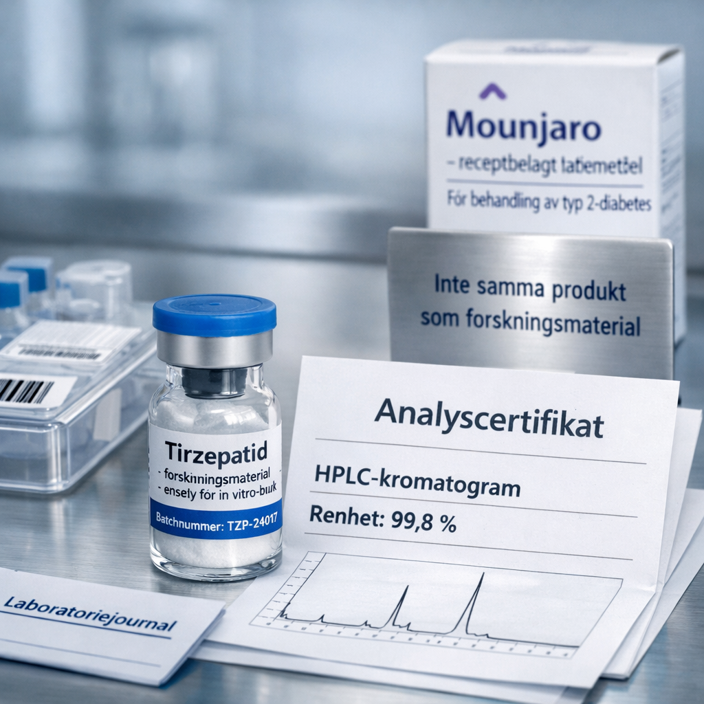 Makrofoto av tirzepatid-forskningsvial med analyscertifikat, HPLC-kromatogram och separat Mounjaro-kartong; ”tirzepatid köp”.