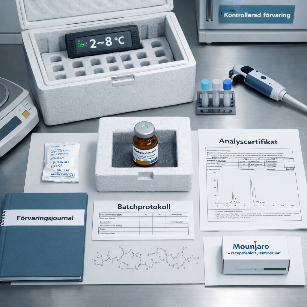 Översikt av tirzepatid för in vitro-bruk, kylförvaring och dokumentation; separat Mounjaro, med sökordet ”tirzepatid köp”.