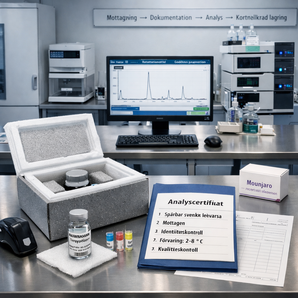 Svenskt laboratorium integrerar spårbart tirzepatid-forskningsmaterial; etiketter, analyscertifikat och kontrollsystem visar ”tirzepatid köp”.