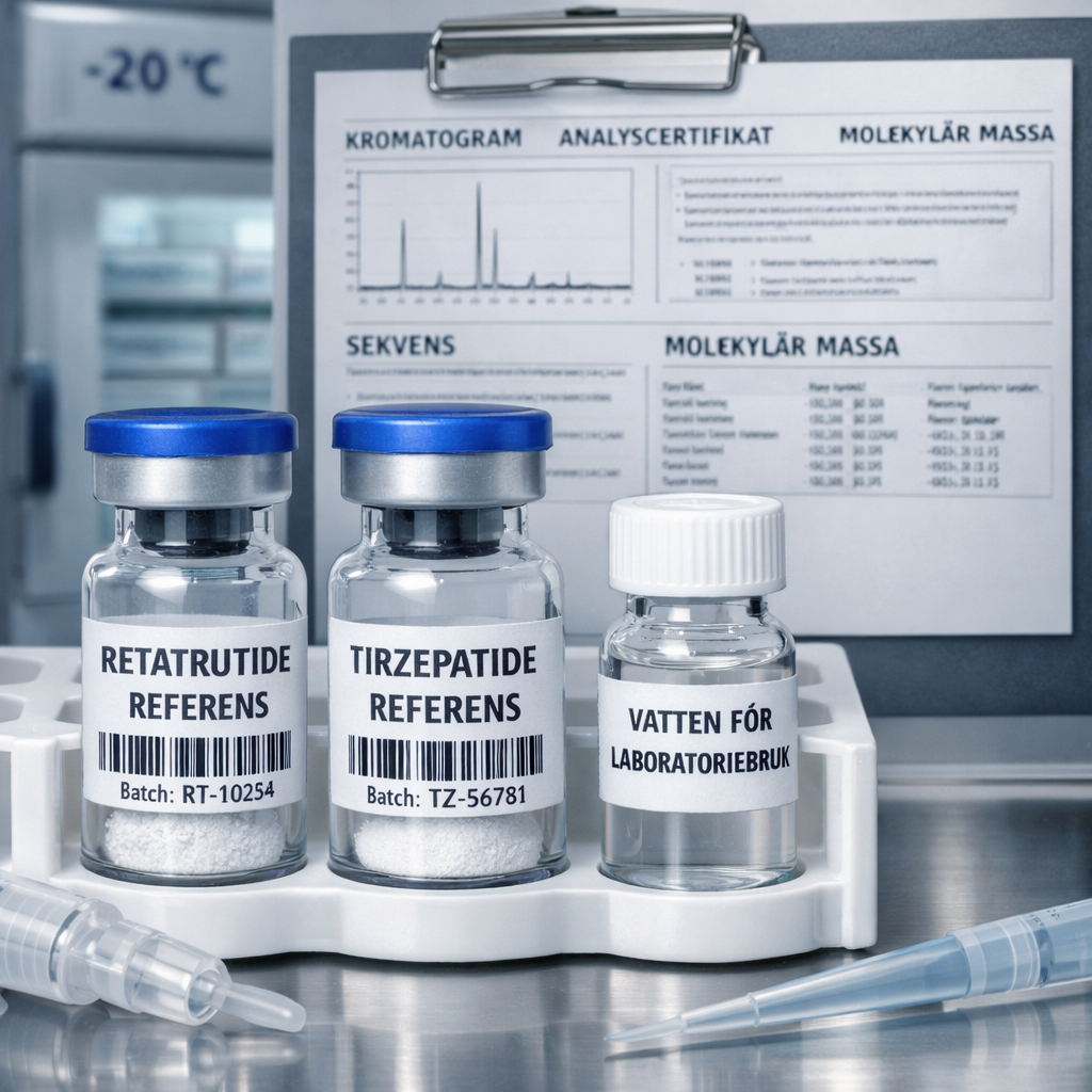 Laboratorievy med RETATRUTIDE och TIRZEPATIDE, analysdokumentation och vattenflaska; inget för kliniskt bruk, ”buy peptides”.