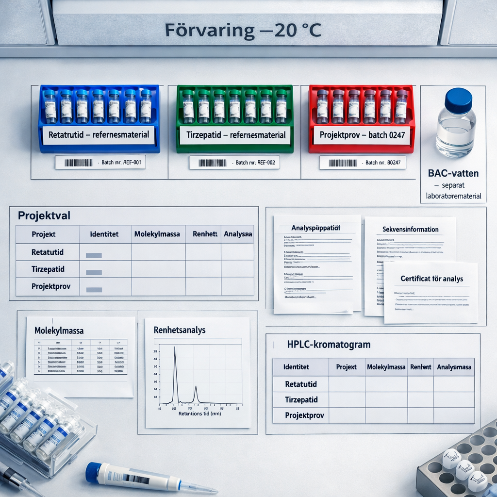Översikt av laboratorieprover, HPLC-dokument och separat BAC-vatten; etiketten ”buy peptides” syns bland analysmaterialet.