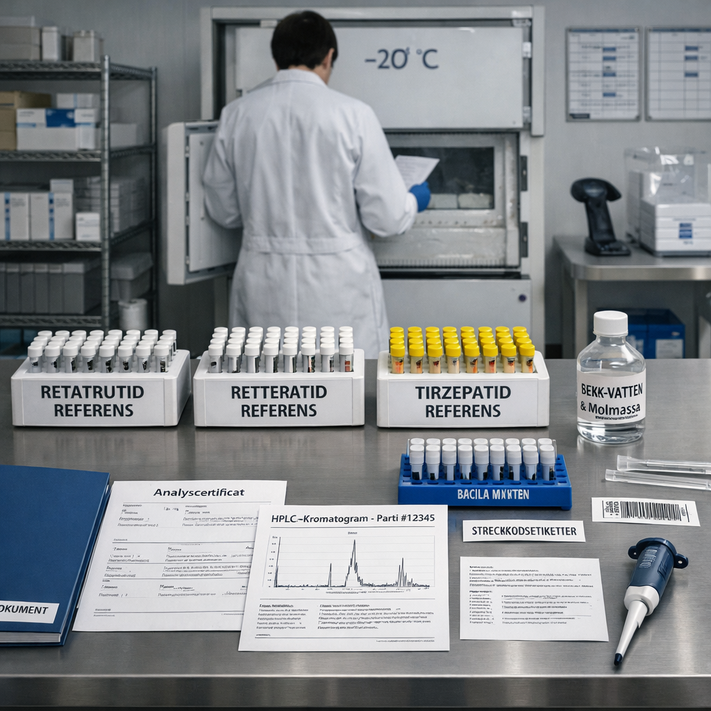 Laboratoriestation för att buy peptides: dokument, analyser och märkta peptidvialer granskas vid en öppen frys.