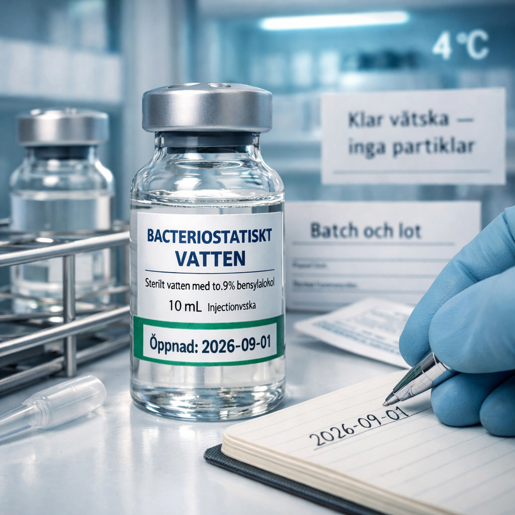 Närbild av märkt bac vatten-vial i rostfritt ställ, märkningen ”Öppnad: 2026-09-01”, pipett och kylskåp vid 4 °C.
