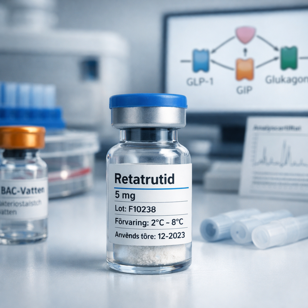 Närbild av en Retatrutide-vial med svensk etikett, BAC-vatten, laboratorierör och receptoranalys i bakgrunden.