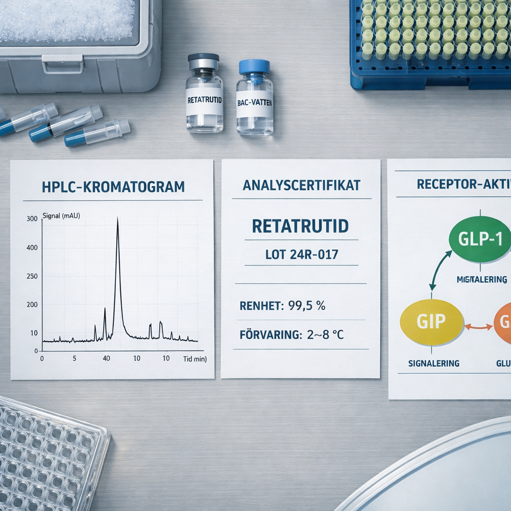 Översikt av biomedicinsk labbplats med Retatrutide, HPLC-kromatogram, analyscertifikat, provvialer, pipetter och receptorassay.
