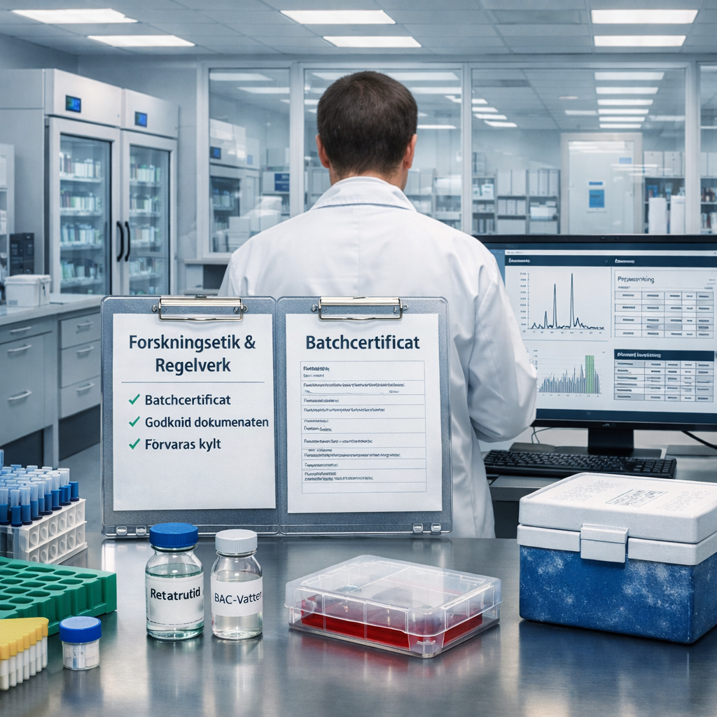 Modernt biomedicinskt laboratorium med Retatrutide-vial, dokumentation, etisk granskning och monitor med receptoranalys.