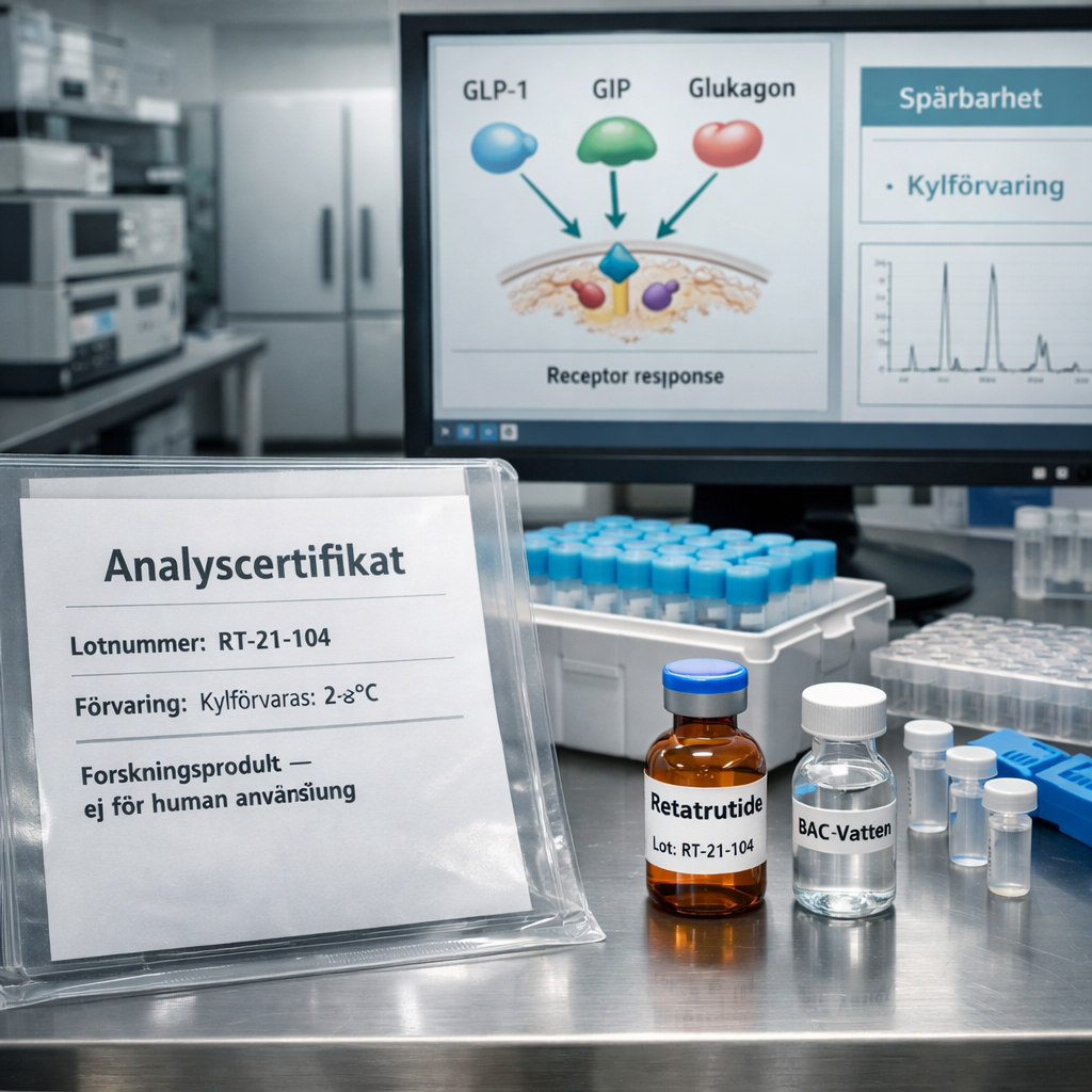 Retatrutide-dokumentation i svenskt biomedicinskt laboratorium med analyscertifikat, provrör, HPLC-kromatogram och spårbarhet.