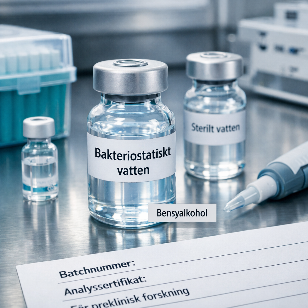 Märkt vial med bakteriostatiskt vatten och sterilt vatten på rostfri labbänk, omgiven av laboratorieutrustning.