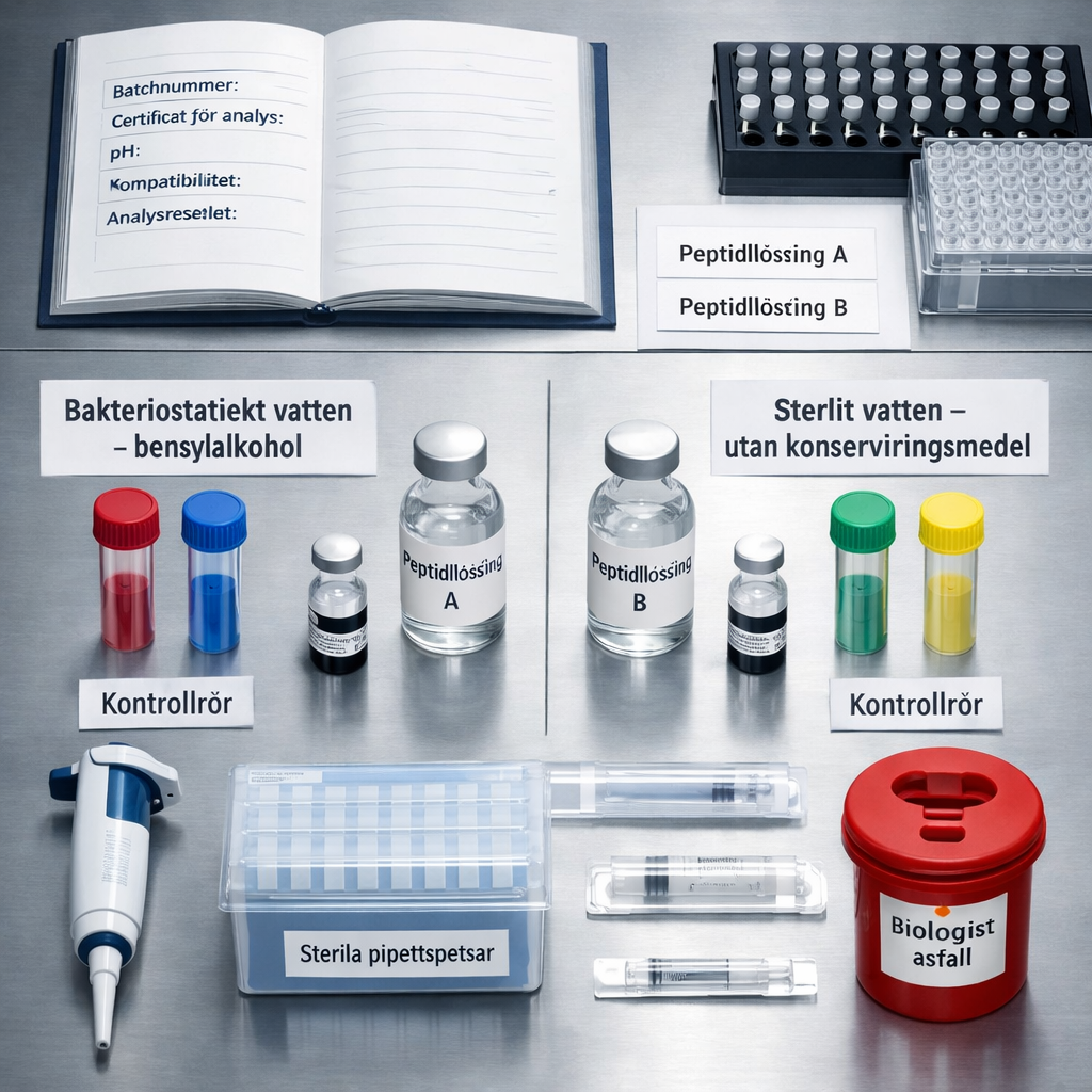 Översikt av laboratoriebänk med bakteriostatiskt vatten, sterilt vatten, peptidvialer, pipett, journal och analysutrustning.