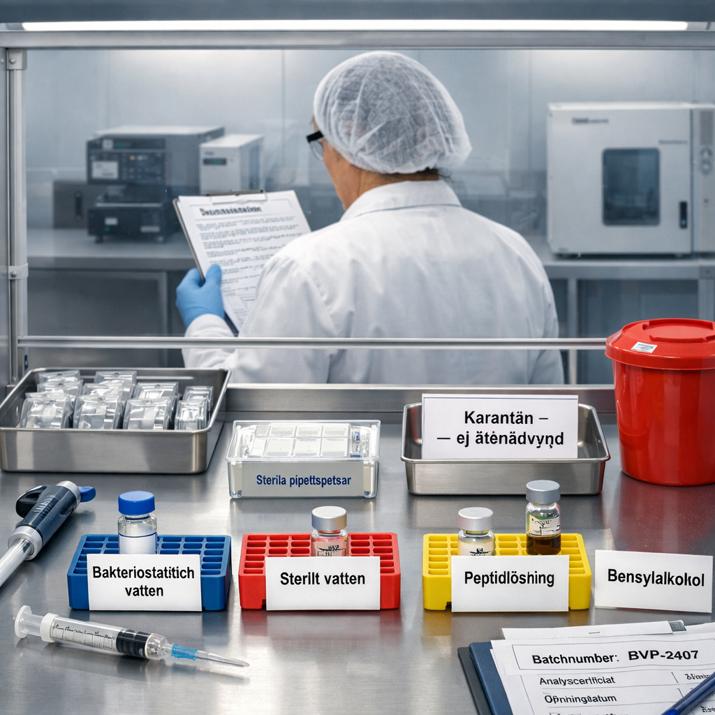 Laboratoriepersonal hanterar vials och dokumentation i säkerhetsbänk, med bakteriostatiskt vatten, sterilt vatten och karantänbricka.